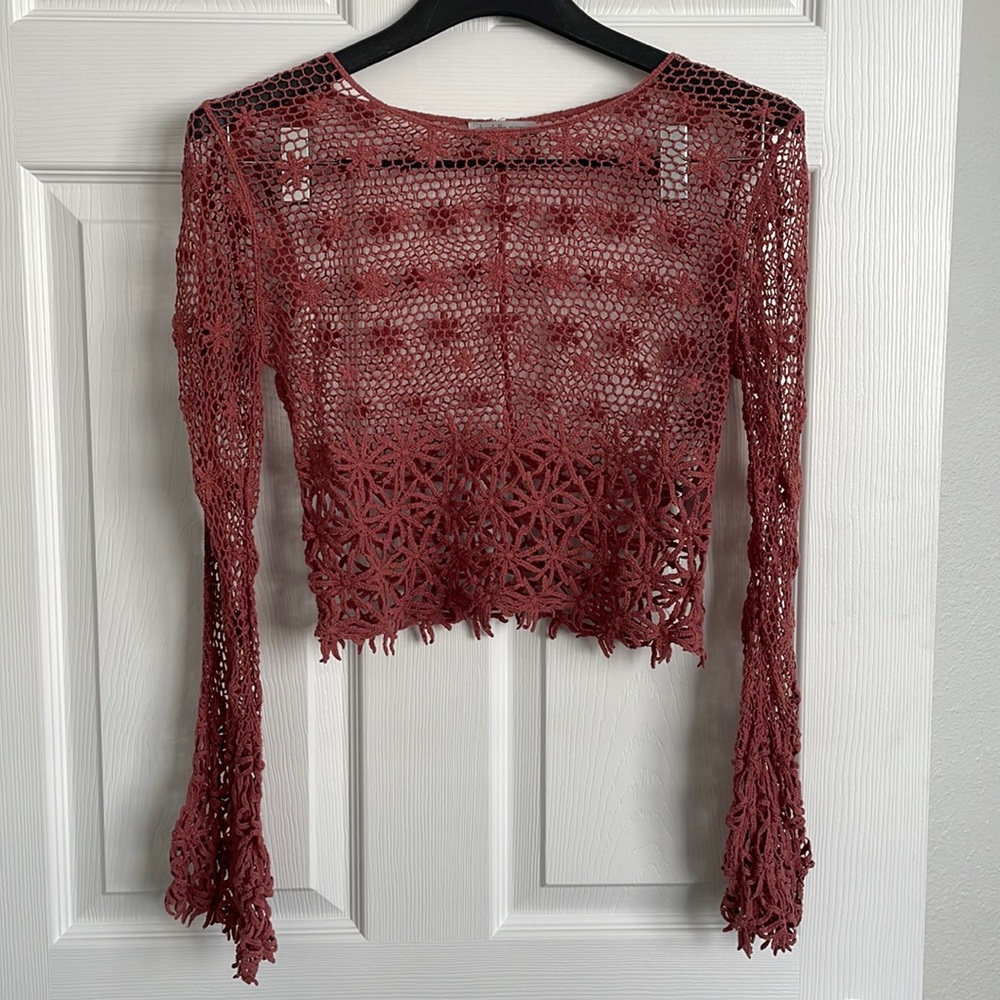 Knit Floral Crocheted Bell Sleeve Cropped Sheer Cover Up Shirt